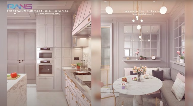 Disebut Raffi Ahmad menghabiskan budget yang lebih mahal dari mobil Lamborghini miliknya, begini penampakan dapur di rumah baru Raffi-Nagita. Dapurnya itu tampak mewah dengan meja yang serba marmer. Foto: YouTube/Rans Entertainment