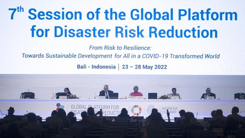 Suasana dialog Tingkat Tinggi Global Platform for Disaster Risk Reduction (GPDRR) 2022 di Nusa Dua, Bali, Kamis (26/5/2022). Diskusi tersebut mengangkat tema Learning from COVID-19: Social and Economic Recovery for All.