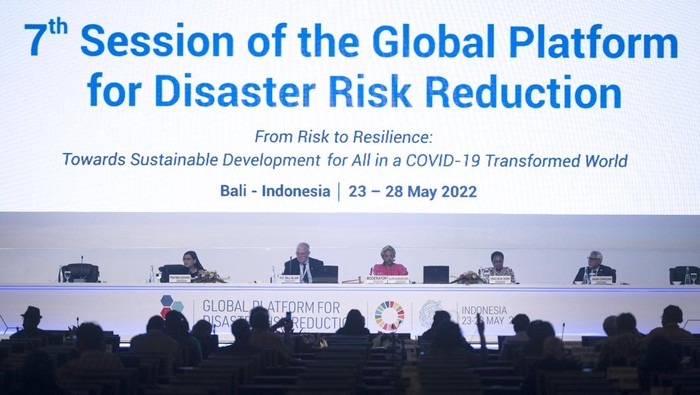 Suasana dialog Tingkat Tinggi Global Platform for Disaster Risk Reduction (GPDRR) 2022 di Nusa Dua, Bali, Kamis (26/5/2022). Diskusi tersebut mengangkat tema Learning from COVID-19: Social and Economic Recovery for All.