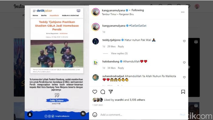 Unggahan Wali Kota Bandung Yana Mulyana di akun Instagram.