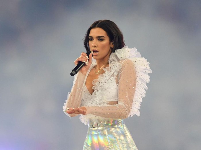 KIEV, UKRAINE - MAY 26:  Dua Lipa performs prior to the UEFA Champions League Final between Real Madrid and Liverpool at NSC Olimpiyskiy Stadium on May 26, 2018 in Kiev, Ukraine.  (Photo by Michael Regan/Getty Images)