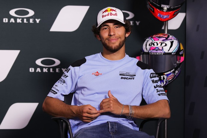 SCARPERIA, ITALY - MAY 26: Enea Bastianini of Gresini Racing MotoGP smiles during the press conference of MotoGP of Italy at Mugello Circuit on May 26, 2022 in Scarperia, Italy. (Photo by Emmanuele Ciancaglini/Ciancaphoto Studio/Getty Images)