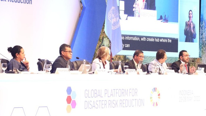 Forum Data Challenges and Solutions for Disaster Risk Management pada gelaran GPDRR 2022 di Pecatu Hall, BNDCC, Bali,  Kamis (26/5/2022).