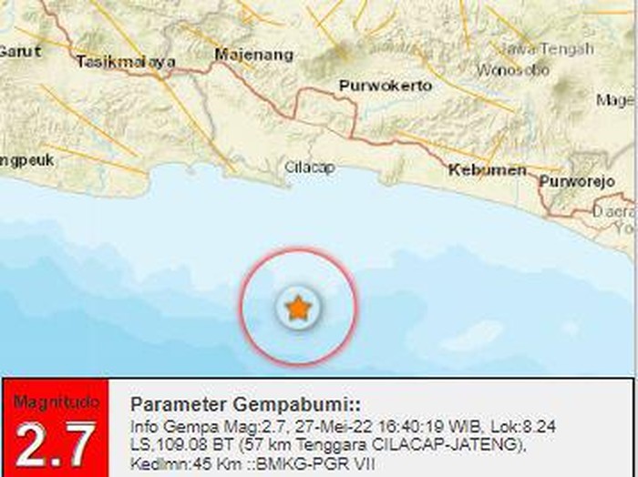 Gempa M 2,7 terjadi di tenggara Cilacap, Jumat (27/5/2022) pukul 16.40 WIB.