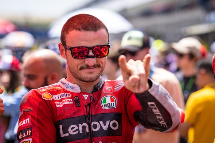 JEREZ DE LA FRONTERA, SPAIN - MAY 01: Jack Miller of Australia and Ducati Lenovo Team greets at the starting grid during the race of the MotoGP Gran Premio Red Bull de España at Circuito de Jerez on May 01, 2022 in Jerez de la Frontera, Spain. (Photo by Steve Wobser/Getty Images)