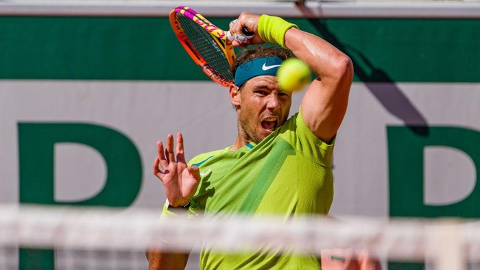 PARIS, FRANCE - MAY 27: Rafael Nadal of Spain plays a forehand against Botic Van De Zandschulp of Netherlands during the Mens Singles Third Round match on Day 6 of The 2022 French Open at Roland Garros on May 27, 2022 in Paris, France. (Photo by Andy Cheung/Getty Images)