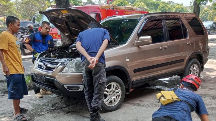 Tim Damkar Pemkab Klaten mencari ular di mobil, Sabtu (28/5/2022).