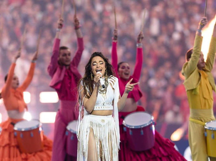 PARIS, FRANCE - MAY 28: Singer Camila Cabello performs during the UEFA Champions League final match between Liverpool FC and Real Madrid at Stade de France on May 28, 2022 in Paris, France. (Photo by Adam Sobral/Eurasia Sport Images/Getty Images)