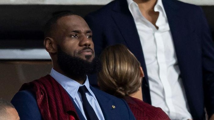 PARIS, FRANCE - MAY 28: Lebron James looks on during the UEFA Champions League final match between Liverpool FC and Real Madrid at Stade de France on May 28, 2022 in Paris, France. (Photo by Berengui/vi/DeFodi Images via Getty Images)