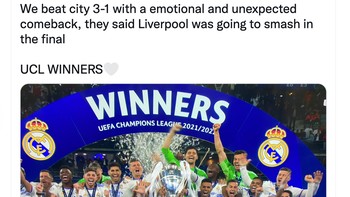 Kami mengalahkan PSG, katanya karena salah Donnaruma. Kami kalahkan Chelsea, katanya Madrid beruntung dengan 7 nyawa. Kami mengalahkan Chelsea dengan comeback, dan mereka mengatakan Liverpool akan melibas kami, tulis netizen ini. Pada akhirnya Madrid yang juara. Foto: Twitter