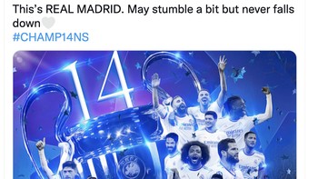 Terus saja sebut kami beruntung tapi seperti yang sudah kami tunjukkan kami tidak hanya beruntung di setiap laga. Kalian berkata bahwa setiap tim lebih baik dari kami dan kami buktikan kalian salah setiap waktu, cetus fans Madrid ini. Foto: Twitter