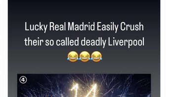 Netizen ini menyindir bahwa Madrid yang beruntung telah mengalahkan Liverpool yang mematikan dengan mudahnya. Foto: Twitter