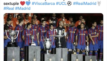 Fans Barca mengatakan bahwa kemenangan Madrid hanyalah keberuntungan dan Barcelona lebih hebat karena pernah memenangkan banyak gelar hanya dalam semusim. Foto: Twitter