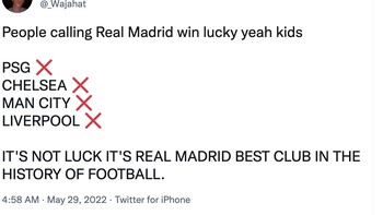 Netizen ini tidak terima Madrid disebut beruntung, padahal sudah mengalahkan PSG, Chelsea, City dan kini Liverpool. Itu bukan beruntung. Real Madrid adalah klub terbaik di sejarah sepakbola, klaimnya. Foto: Twitter