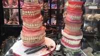 Tampilan kue yang satu ini mirip sekali dengan tumpukan gigi manusia yang asli. Uniknya, bagian dalam kue dibuat sedikit kuning dan kemerahan agar mirip seperti warna gigi yang sudah rapuh. Foto: Pool/Site