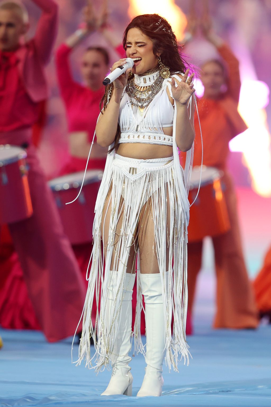 PARIS, FRANCE - MAY 28: Camila Cabello performs during the Champions League Opening Ceremony prior to kick off of the UEFA Champions League final match between Liverpool FC and Real Madrid at Stade de France on May 28, 2022 in Paris, France. (Photo by Julian Finney/Getty Images)