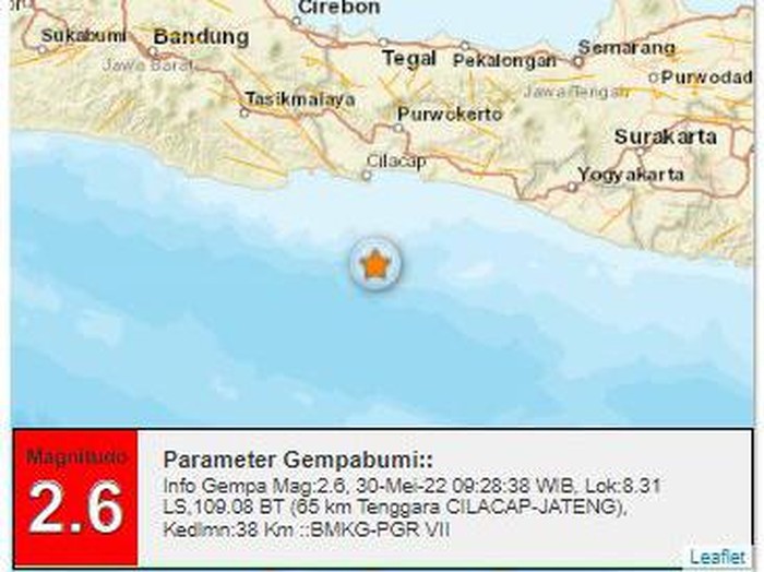 Gempa M 2,6 terjadi di sebelah tenggara Cilacap, Senin (30/5/2022) pukul 09.28 WIB.