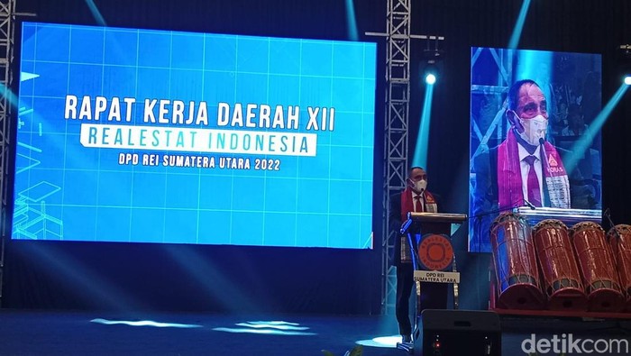 Gubsu Edy Rahmayadi saat menghadiri acara Rakerda REI Sumut di Medan.