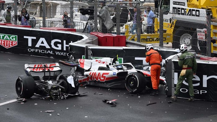 Haas F1 Team's German driver Mick Schumacher reacts after crashing during  the Monaco Formula 1 Grand Prix at the Monaco street circuit in Monaco, on May 29, 2022. (Photo by CHRISTIAN BRUNA / POOL / AFP) (Photo by CHRISTIAN BRUNA/POOL/AFP via Getty Images)