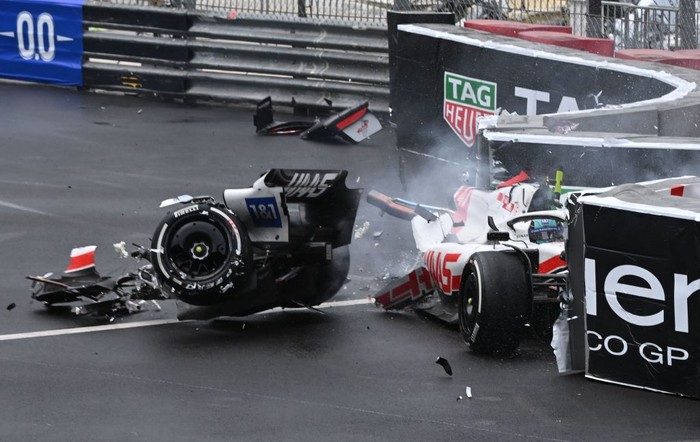 Haas F1 Teams German driver Mick Schumacher reacts after crashing during  the Monaco Formula 1 Grand Prix at the Monaco street circuit in Monaco, on May 29, 2022. (Photo by CHRISTIAN BRUNA / POOL / AFP) (Photo by CHRISTIAN BRUNA/POOL/AFP via Getty Images)