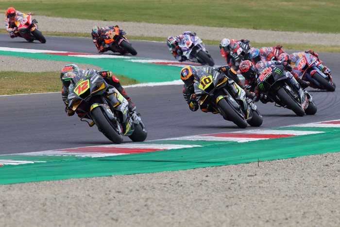 SCARPERIA, ITALY - MAY 29: Marco Bezzecchi of Italy and Mooney VR46 Racing Team, Luca Marini of Italy and Mooney VR46 Racing Team, Fabio Quartararo of France and Monster Energy Yamaha MotoGP on track during MotoGP of Italy - Race at Mugello Circuit on May 29, 2022 in Scarperia, Italy. (Photo by Emmanuele Ciancaglini/Ciancaphoto Studio/Getty Images)