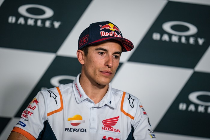 SCARPERIA, ITALY - MAY 28: Marc Marquez of Spain and Repsol Honda Team speaks speaks about his injury and upcoming surgery during the qualifying practice of the MotoGP Gran Premio d’Italia Oakley at Mugello Circuit on May 28, 2022 in Scarperia, Italy. (Photo by Steve Wobser/Getty Images)
