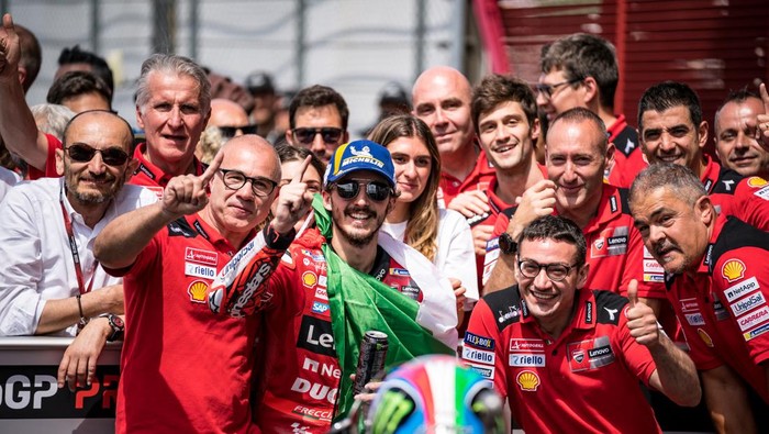 SCARPERIA, ITALY - MAY 29: Francesco Bagnaia of Italy and Ducati Lenovo Team celebrates at parc ferme his race win during the race of the MotoGP Gran Premio d’Italia Oakley at Mugello Circuit on May 29, 2022 in Scarperia, Italy. (Photo by Steve Wobser/Getty Images)
