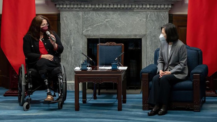 In this photo released by the Taiwan Presidential Office, U.S. Sen. Tammy Duckworth, D-Ill., left, meets with Taiwans President Tsai Ing-wen at the Presidential Office in Taipei, Taiwan, Tuesday, May 31, 2022. On a visit to Taiwan, reiterated support for the island amid rising Chinese threats. (Taiwan Presidential Office via AP)