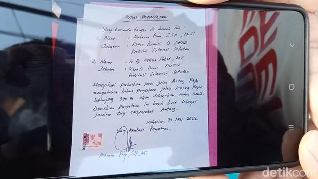 Surat pernyataan perbaikan Jalan Antang Raya Makassar.