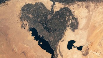 Foto Oasis Faiyum di Mesir di antara Sungai Nil dan Western Desert. Bentuknya seperti love dan dijulukin Heart Shaped Oasis. Foto: NASA