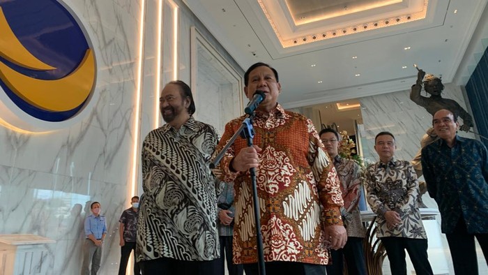 Pertemuan Ketum Partai NasDem Surya Paloh dan Ketum Partai Gerindra Prabowo Subianto di NasDem Tower, Rabu (1/6/2022).