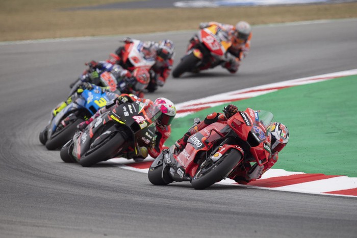 BARCELONA, SPAIN - JUNE 06: Jack Miller of Australia and Ducati Lenovo Team leads the field during the MotoGP race during the MotoGP of Catalunya - Race at Circuit de Barcelona-Catalunya on June 06, 2021 in Barcelona, Spain. (Photo by Mirco Lazzari gp/Getty Images)