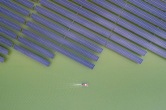 WENLING, CHINA - MAY 30: Aerial view of China's first solar-tidal photovoltaic power plant on May 30, 2022 in Wenling, Zhejiang Province of China. The hybrid energy power station utilizing solar and tidal power to generate electricity was put into operation on Monday in Wenling. (Photo by Xu Weijie/VCG via Getty Images)