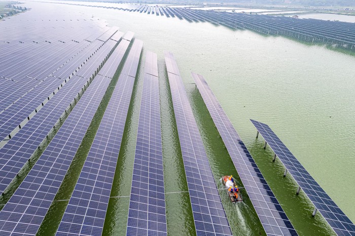 WENLING, CHINA - MAY 30: Aerial view of China's first solar-tidal photovoltaic power plant on May 30, 2022 in Wenling, Zhejiang Province of China. The hybrid energy power station utilizing solar and tidal power to generate electricity was put into operation on Monday in Wenling. (Photo by Xu Weijie/VCG via Getty Images)