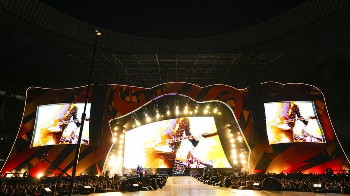 Mick Jagger, centre, Ronnie Wood, left, and Keith Richards, right, of the band the Rolling Stones, performs during their Sixty Stones Europe 2022 tour at the Wanda Metropolitano stadium in Madrid, Spain, Wednesday, June 1, 2022. (AP Photo/Manu Fernandez)