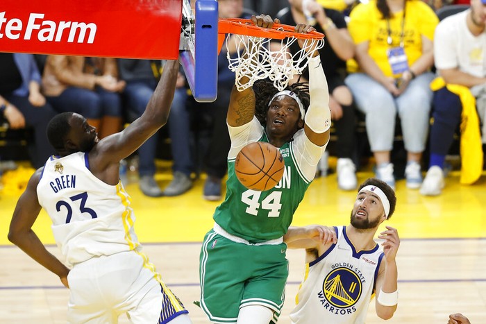 Boston Celtics center Al Horford (42) celebrates during the second half of Game 1 of basketballs NBA Finals against the Golden State Warriors in San Francisco, Thursday, June 2, 2022. (AP Photo/Jed Jacobsohn)