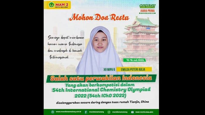 Emilda Puteri Aulia, siswa MAN 2 Kota Malang yang akan mengikuti International Chemistry Olympiad 2022 khusus pelajar SMA