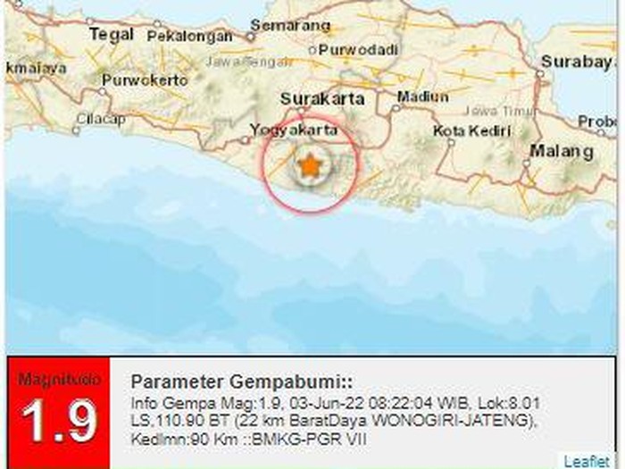 Gempa M 1,9 terjadi di barat daya Wonogiri, Jumat (3/6/2022) pukul 08.22 WIB.