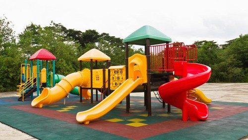 An image of a colorful childrens playground, without children