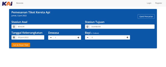 Laman pemesanan tiket KAI