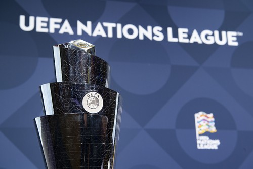 NYON, SWITZERLAND - DECEMBER 16: A view of the UEFA Nations League trophy during the UEFA Nations League 2022/23 League Phase Draw at the UEFA headquarters, The House of European Football, on December 16, 2021, in Nyon, Switzerland. (Photo by Richard Juilliart - UEFA/UEFA via Getty Images)