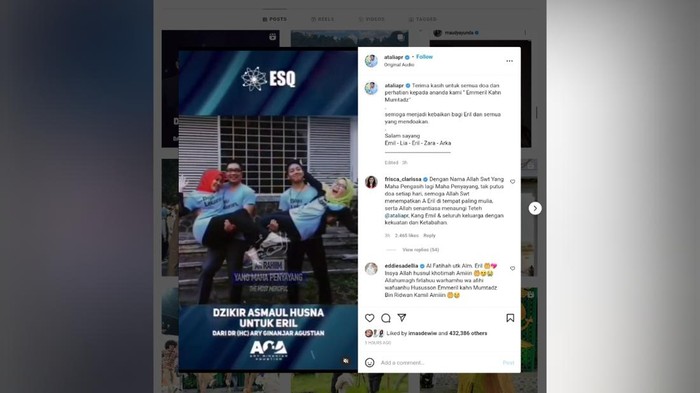 Tangkapan layar unggahan Atalia Praratya di Instagram.