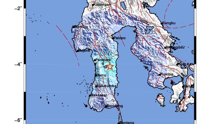 Ilustrasi gempa di Kabupaten Pinrang akibat sesar Walanae. (dok. BMKG)