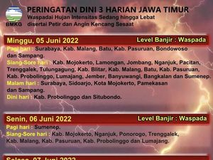 Peringatan Dini Cuaca 3 Harian Sebagian Jatim, Hujan Deras-Terancam Banjir