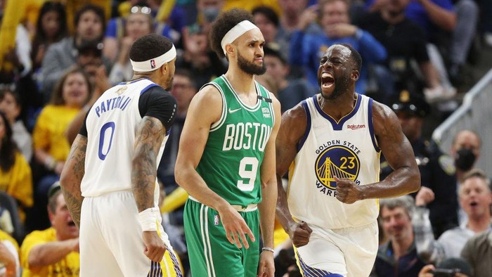 SAN FRANCISCO, CALIFORNIA - JUNE 05: Draymond Green #23 of the Golden State Warriors reacts during the third quarter against the Boston Celtics in Game Two of the 2022 NBA Finals at Chase Center on June 05, 2022 in San Francisco, California. NOTE TO USER: User expressly acknowledges and agrees that, by downloading and/or using this photograph, User is consenting to the terms and conditions of the Getty Images License Agreement. (Photo by Ezra Shaw/Getty Images)