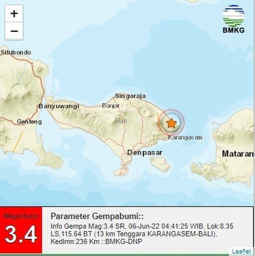 Gempa hari ini mengguncang Kabupaten Karangasem, Bali berkekuatan Magnitudo 3.4 SR.