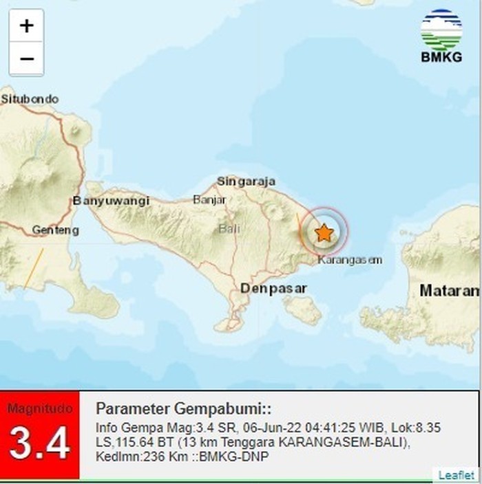 Gempa hari ini mengguncang Kabupaten Karangasem, Bali berkekuatan Magnitudo 3.4 SR.