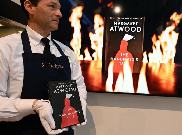 NEW YORK, NEW YORK - JUNE 03: A view of the Margaret Atwoods unique single-copy “Unburnable” special edition of The Handmaid’s Tale at Sothebys on June 03, 2022 in New York City. In order to raise awareness about the proliferating book banning and educational gag orders in American schools nationwide, and to raise money to support PEN America’s crucial work to counter this national crisis of censorship, Margaret Atwood and Penguin Random House have partnered with the Rethink to make The Unburnable Book, a fireproof edition of Atwood’s often banned book. The book is on offer with an estimate of $50/100,000 in an online auction open for bidding now through June 7th, and will be on public view from June 3rd - 7th. (Photo by Slaven Vlasic/Getty Images)