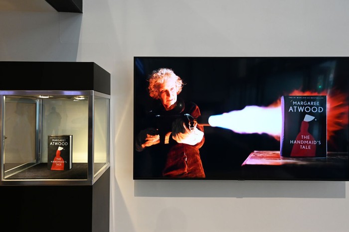 NEW YORK, NEW YORK - JUNE 03: A view of the Margaret Atwood's unique single-copy “Unburnable” special edition of The Handmaid’s Tale at Sotheby's on June 03, 2022 in New York City. In order to raise awareness about the proliferating book banning and educational gag orders in American schools nationwide, and to raise money to support PEN America’s crucial work to counter this national crisis of censorship, Margaret Atwood and Penguin Random House have partnered with the Rethink to make The Unburnable Book, a fireproof edition of Atwood’s often banned book. The book is on offer with an estimate of $50/100,000 in an online auction open for bidding now through June 7th, and will be on public view from June 3rd - 7th. (Photo by Slaven Vlasic/Getty Images)