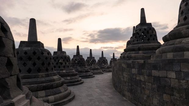 Borobudur Temple on the 24th October 2019 in Java in Indonesia. Borobudur is a 9th-century Mahayana Buddhist temple in Magelang Regency. Its the world's largest Buddhist temple, consisting of nine stacked platforms, six square and three circular, topped by a central dome. (photo by Sam Mellish / In Pictures via Getty Images)